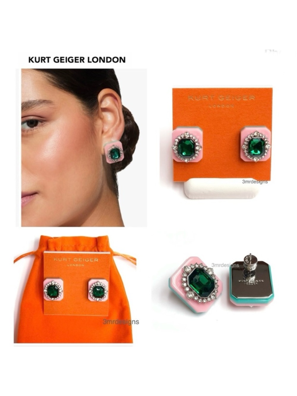 NWT KURT GEIGER LONDON Resin Button Silver Plated CZ Crystals Stud Earrings